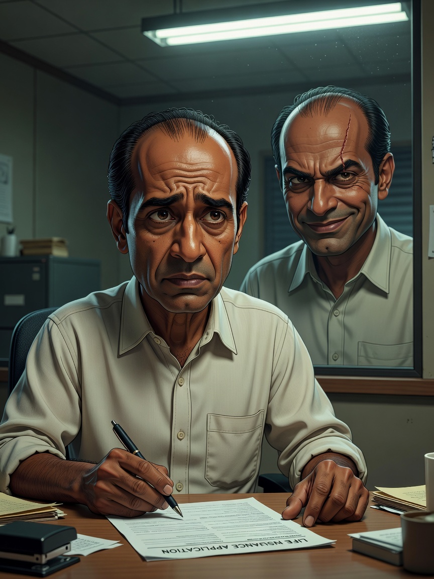 HE SIGNS A POLICY FOR HIS FAMILY. BUT THE MAN IN THE MIRROR HAS OTHER PLANS.