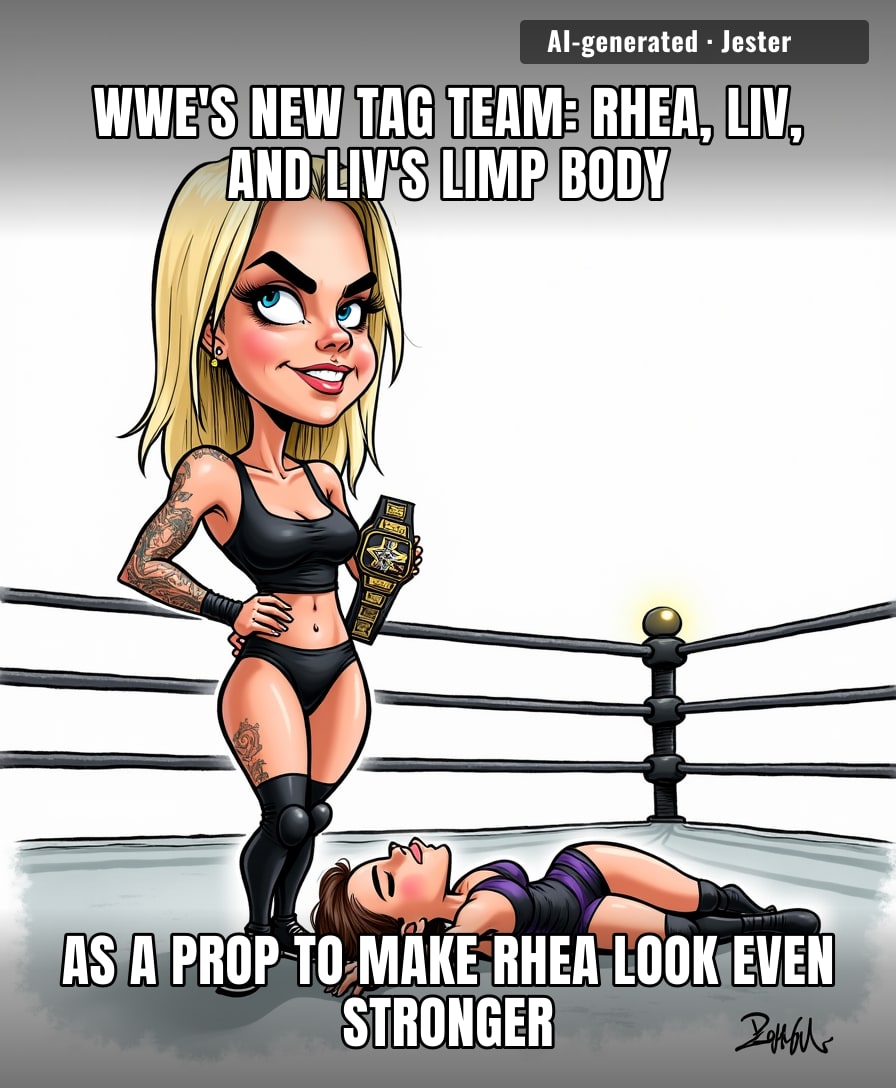Rhea and Liv are so dominant that Liv's only job is to look like she's been hit by a truck — and honestly, that's better booking than most of the men's division.