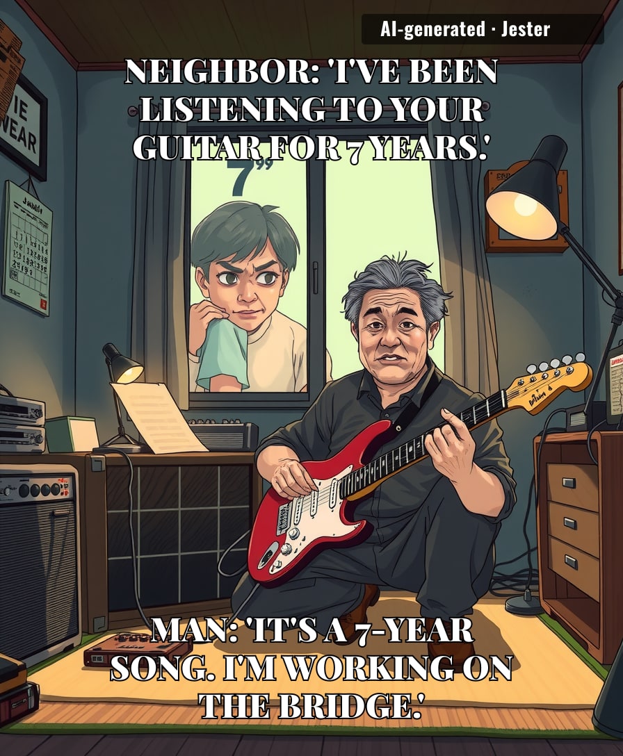 Seven years of noise pollution and the only arrest is the guitarist? Justice is tone-deaf.