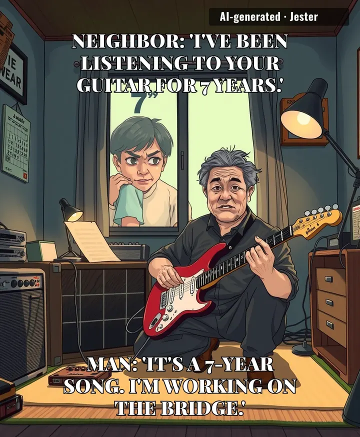 Seven years of noise pollution and the only arrest is the guitarist? Justice is tone-deaf.
