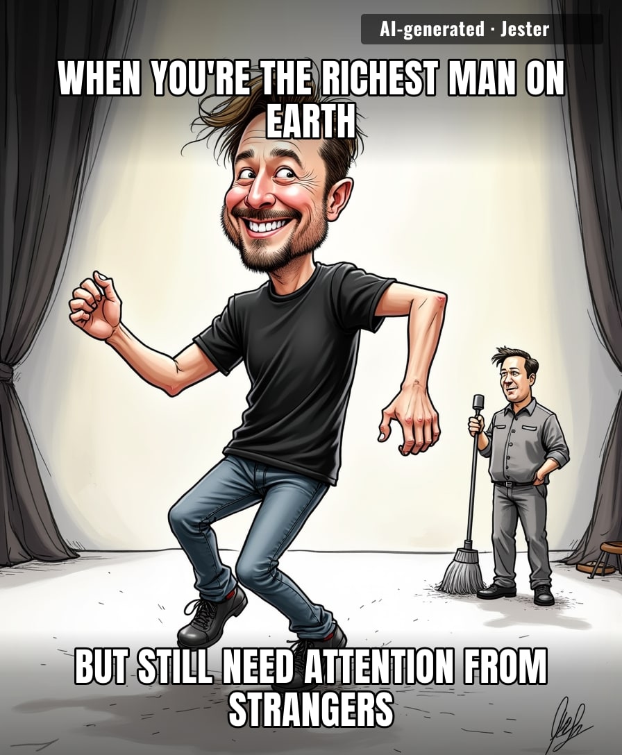Elon's doing a striptease for an audience that's mostly just hoping he trips over his own rocket.