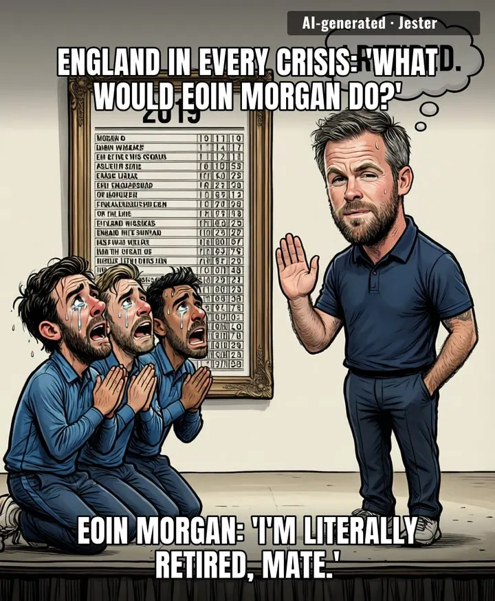 England's white-ball team treats Morgan's Cricinfo page like a cheat code — meanwhile the man is at home in a dressing gown pretending he can't hear the phone.