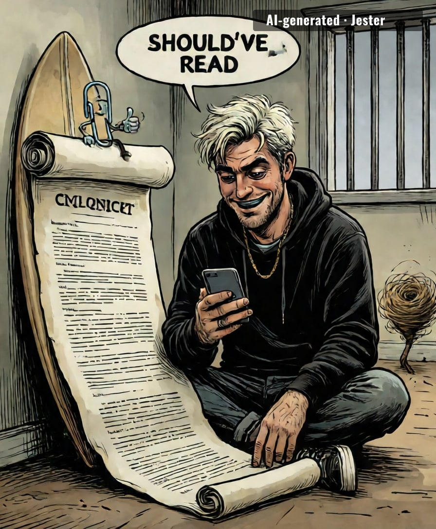 banned from posting for agreeing to something he didn't read — the internet's most honest contract.