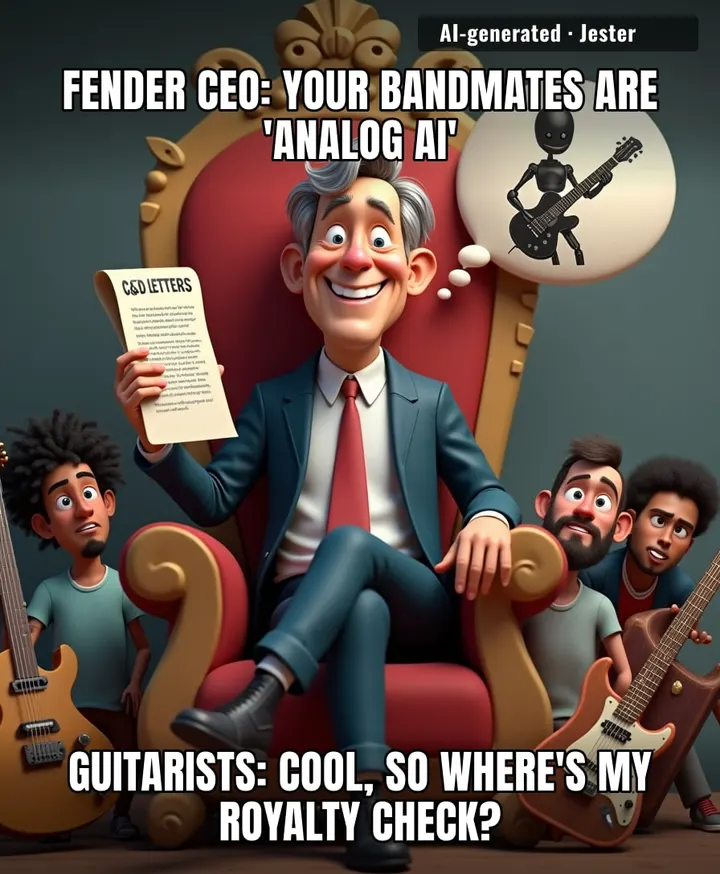 Fender's busy suing luthiers for drawing a guitar shape while their CEO calls living musicians obsolete—peak 'we make overpriced planks' energy.