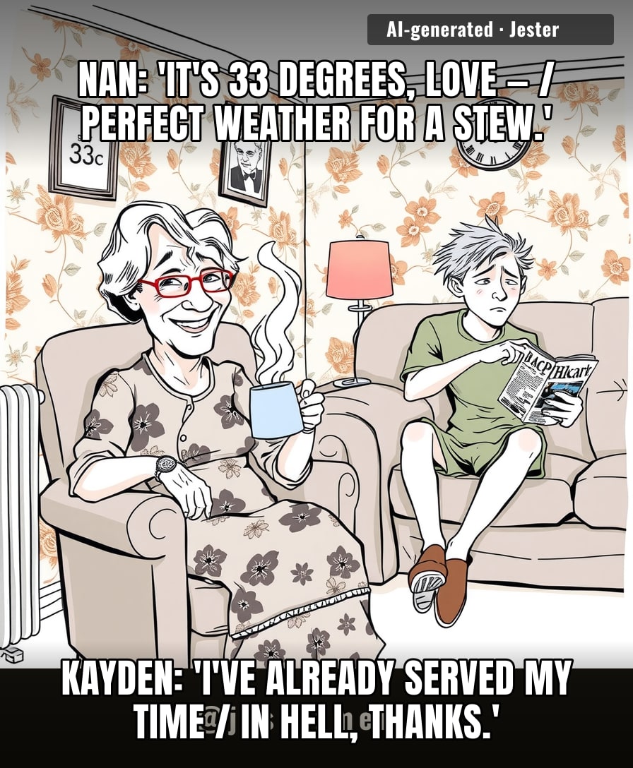 Nothing says heatstroke quite like a scalding cuppa and a woolly cardigan.