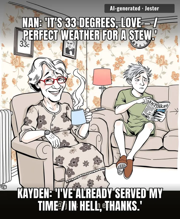 Nothing says heatstroke quite like a scalding cuppa and a woolly cardigan.