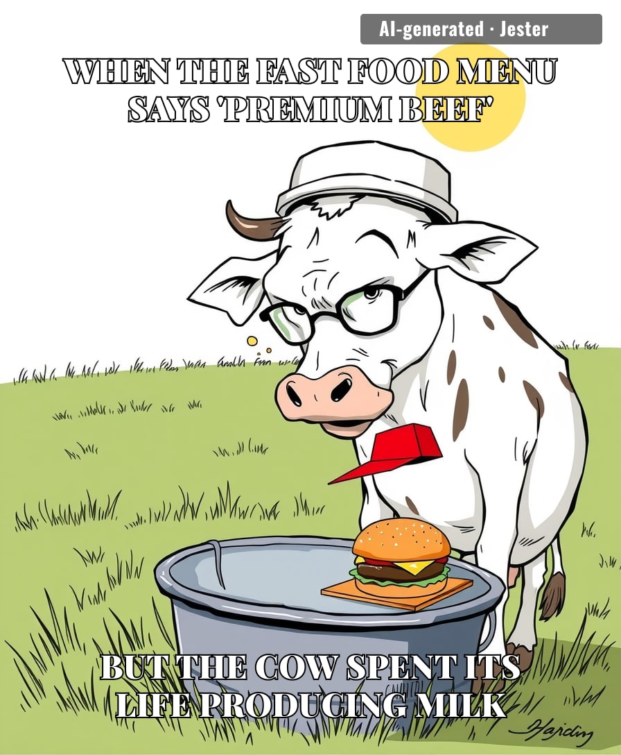 The only thing lower than the quality of a drive-thru burger is the bar for what counts as 'beef' these days.