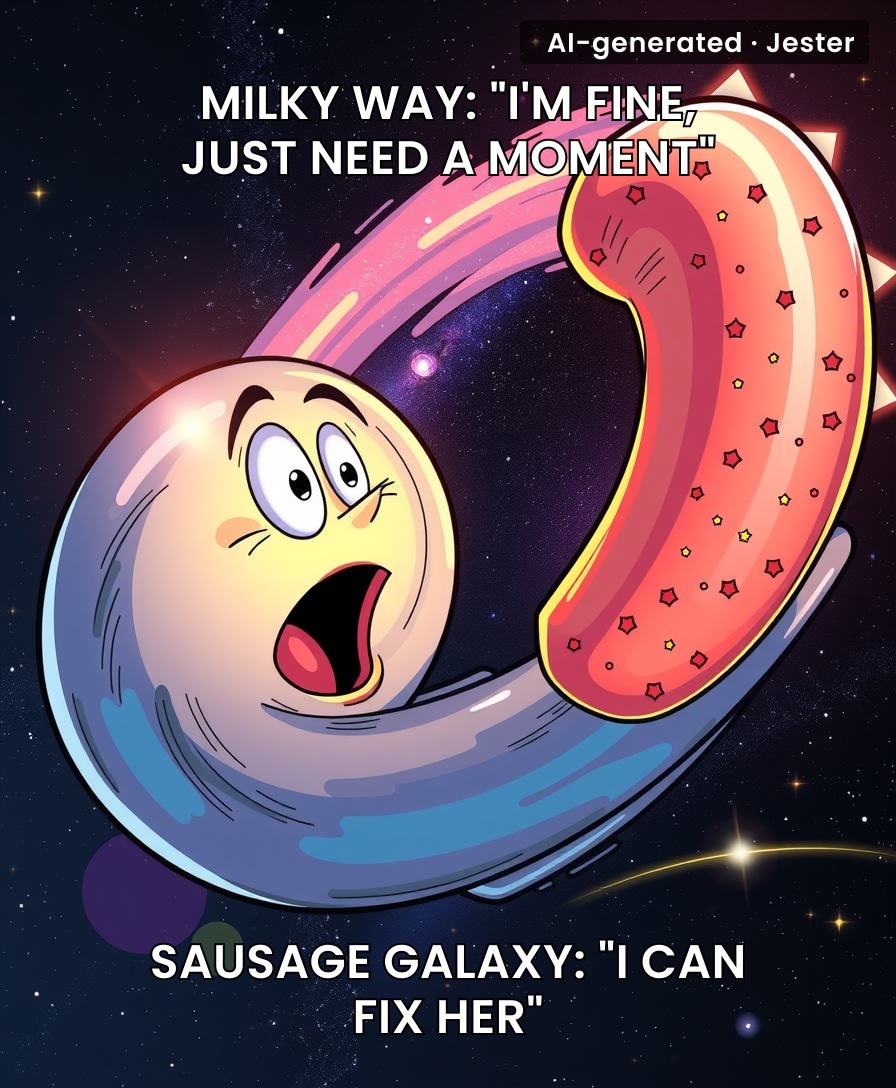 The universe really looked at the Milky Way and said, 'You know what would fix you? A giant cosmic bratwurst delivering a rear-end collision.'