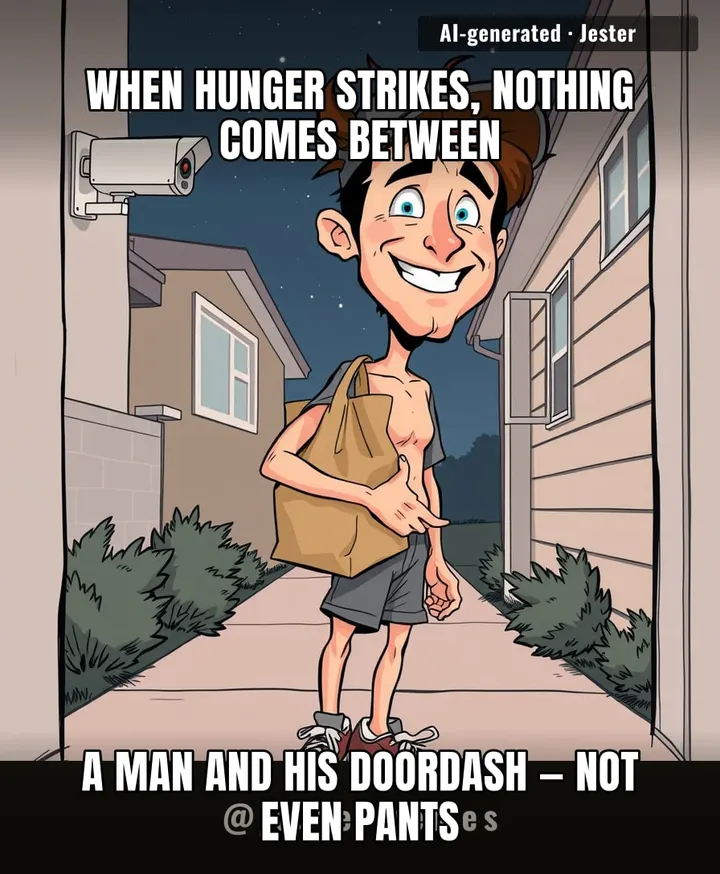 Bold move: skipping pants to save $5 on delivery fees, but now the whole neighborhood knows his go-to order is a family-size lasagna.