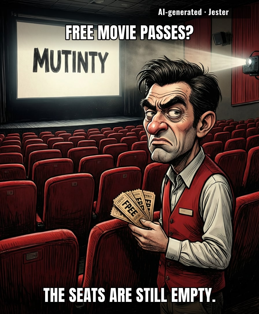 Mutiny's giving away tickets like it's 2020 and theaters weren't already a ghost town.