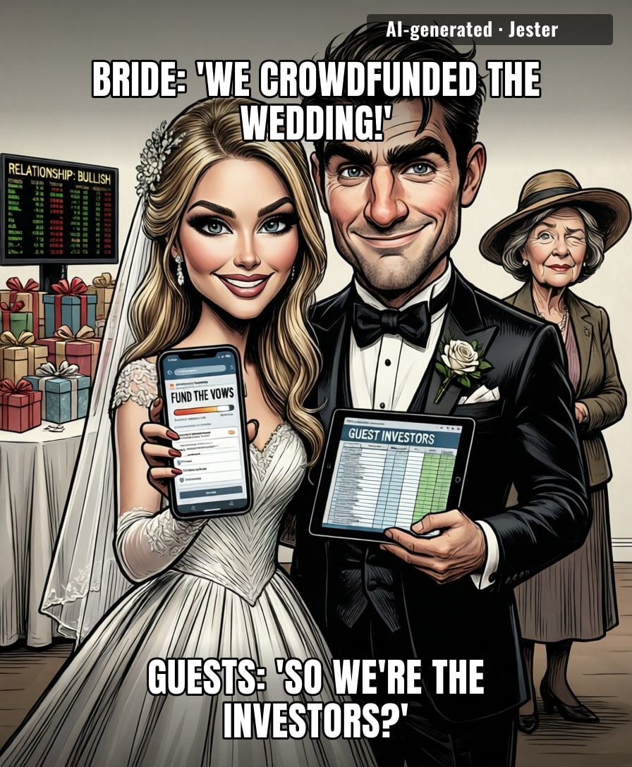 The wedding registry had a 'pledge level' between 'basic gift' and 'corporate sponsor'.