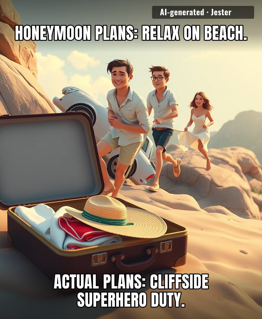 Most people bring back seashells and a tan; Fan and Gu brought back a hero-complex story that makes their wedding album look like an action movie trailer.