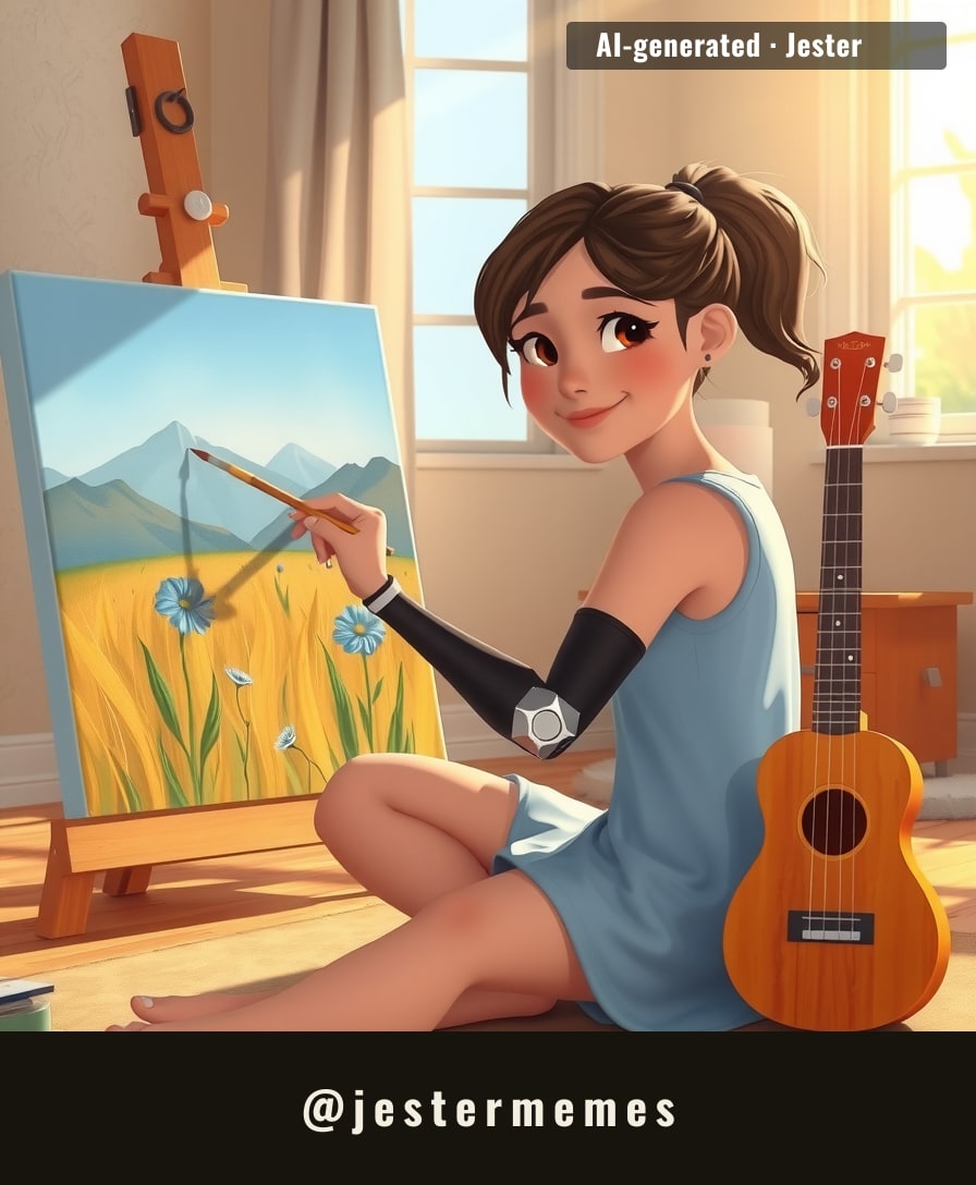 Shelby paints with a prosthetic and drives with one too—her steering wheel's just another canvas.