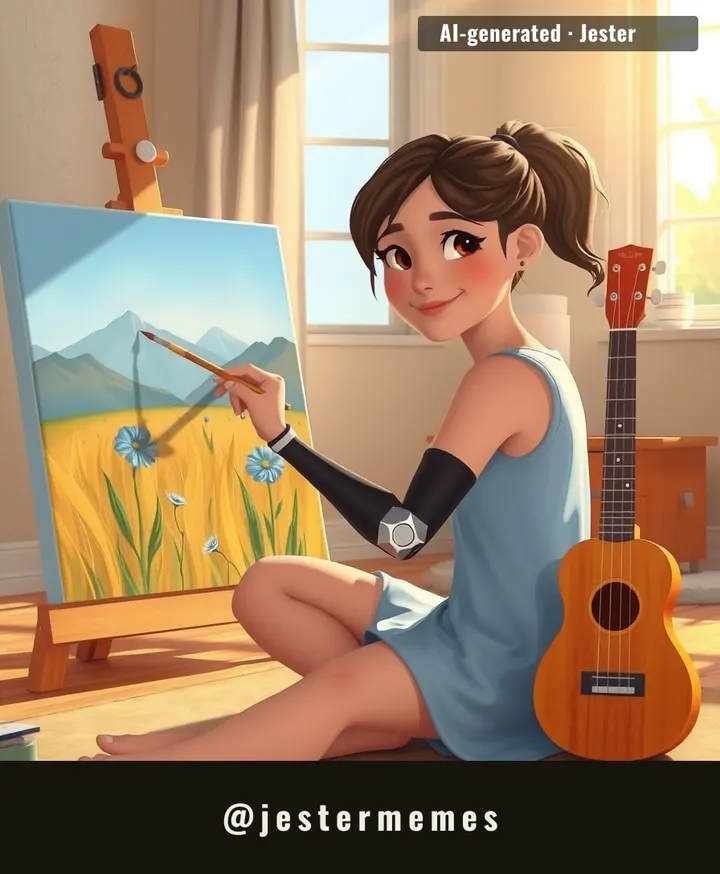 Shelby paints with a prosthetic and drives with one too—her steering wheel's just another canvas.