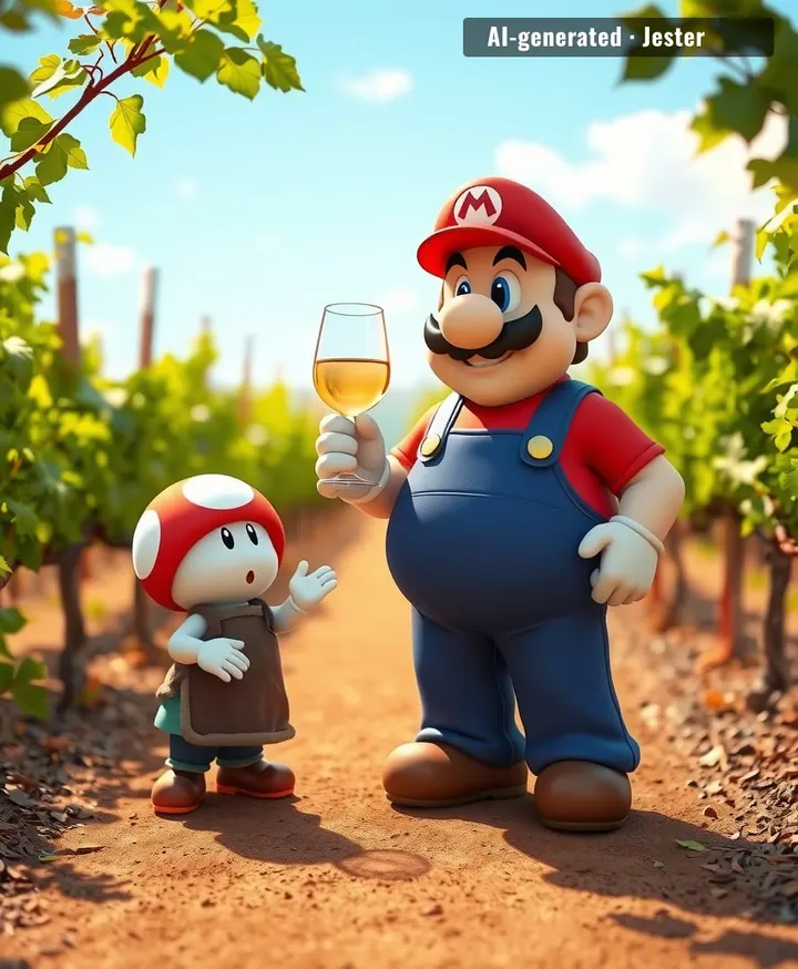 Nintendo's next DLC: Mario's Wine Country — unlock by collecting 100 red coins in a vineyard while avoiding Goombas with hangovers.