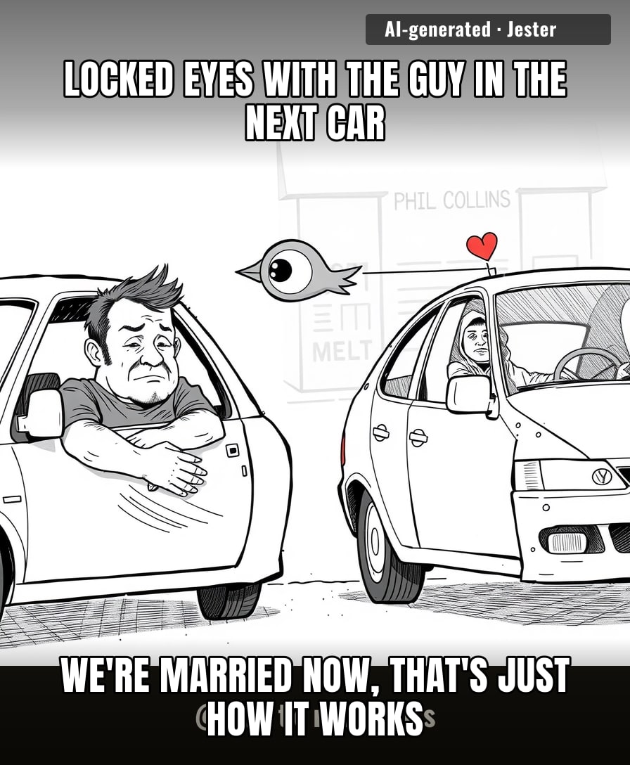 I've been in this car for forty minutes and I'm legally common-law with a stranger now.