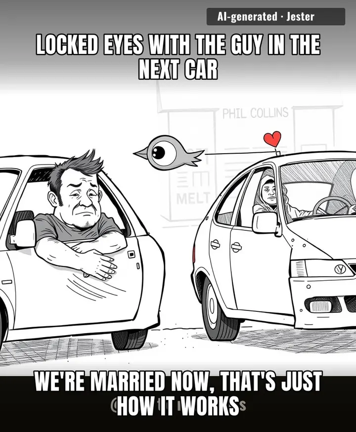 I've been in this car for forty minutes and I'm legally common-law with a stranger now.