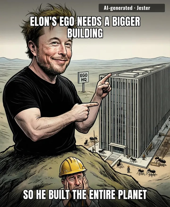 Elon's building the largest structure on Earth to house his ego, but we all know the real reason: he needs somewhere to put all those unsold Cybertrucks.