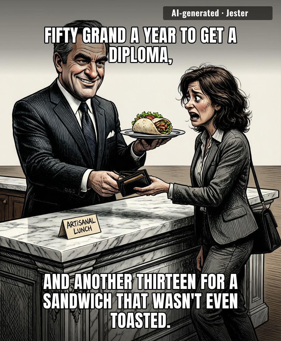 At this point, just tell the kid to start a side-hustle flipping the school-provided turkey wraps for a profit; it’s the only way the ROI makes sense.