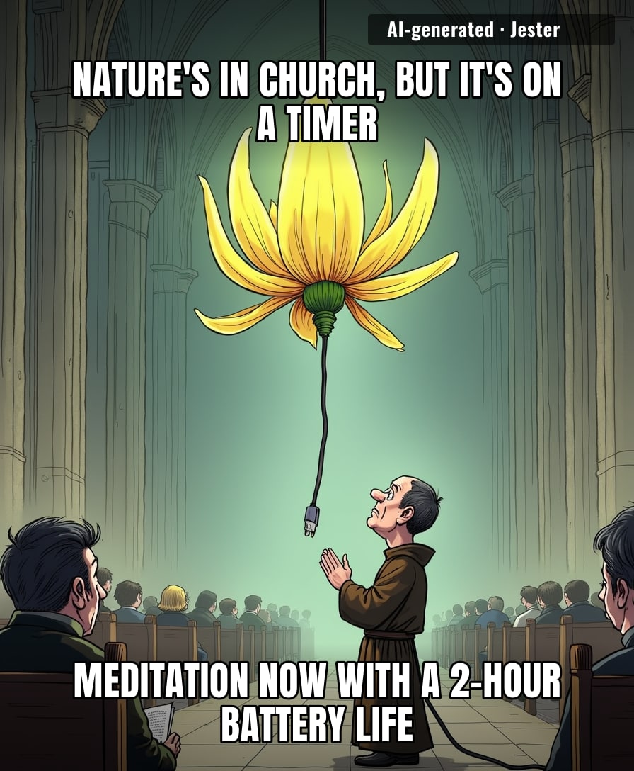 When you're trying to find inner peace but the flowers keep asking for a firmware update.