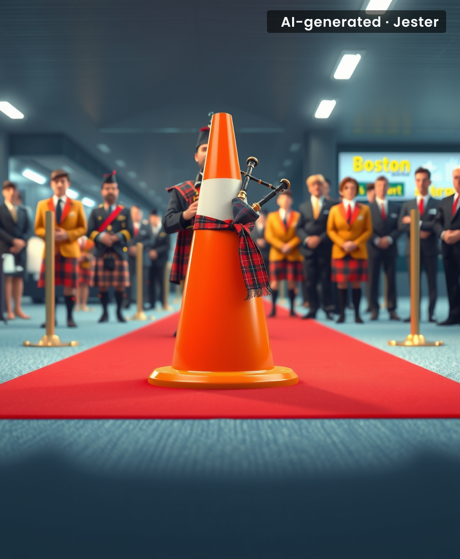 The cone's first official act: directing the bagpiper into oncoming traffic.