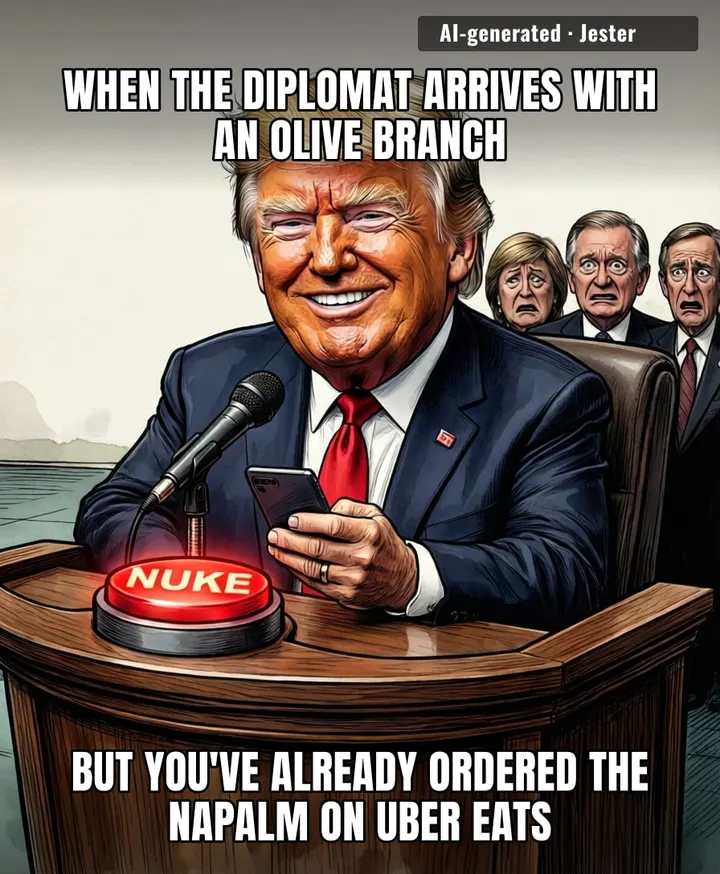 Trump treats global diplomacy like a 3 AM Reddit argument where he's somehow both the moderator and the guy getting banned.