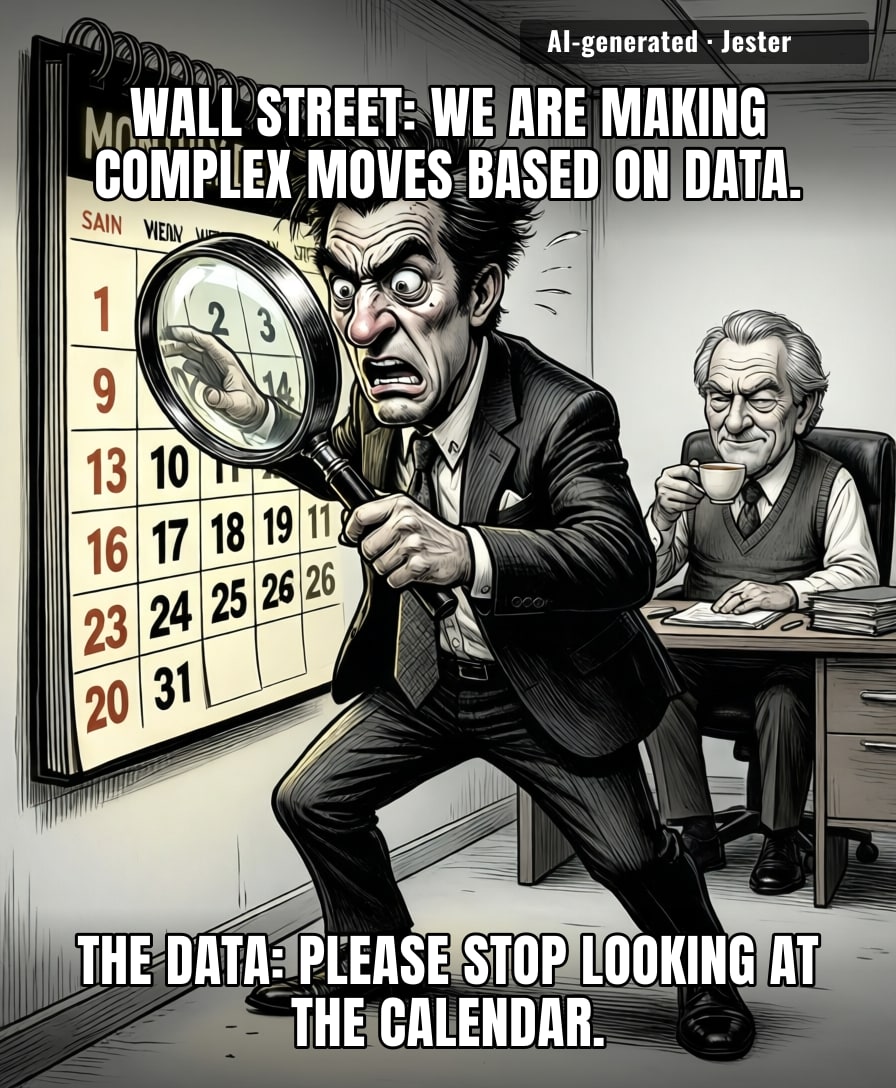 Finance bros treat the jobs report like it's a horoscope, but with fewer actual stars and more panic attacks.