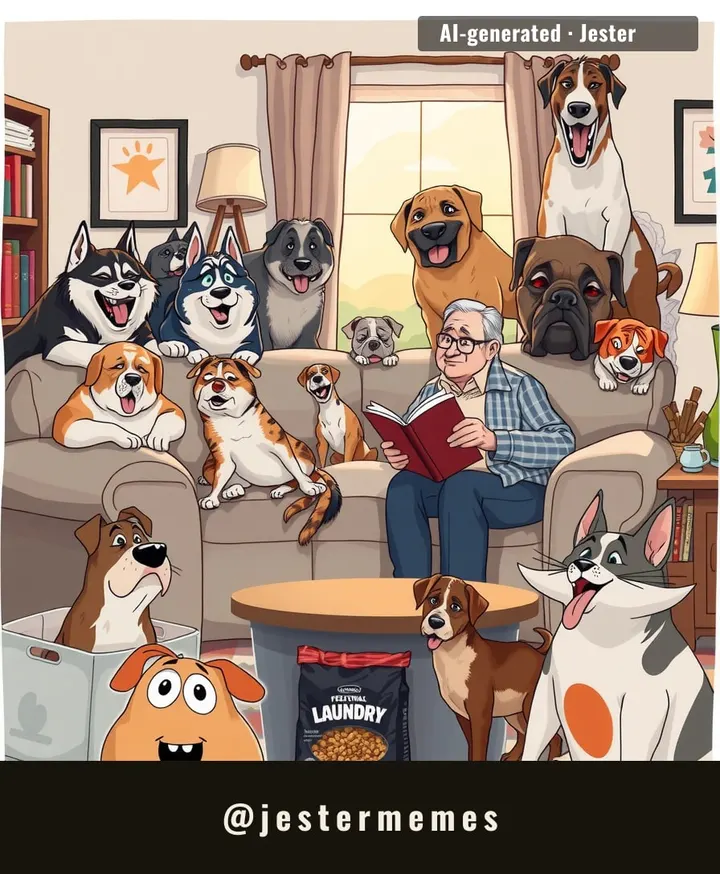 Fifty-nine dogs, one sofa — someone do the math on the cushion-to-husky ratio.
