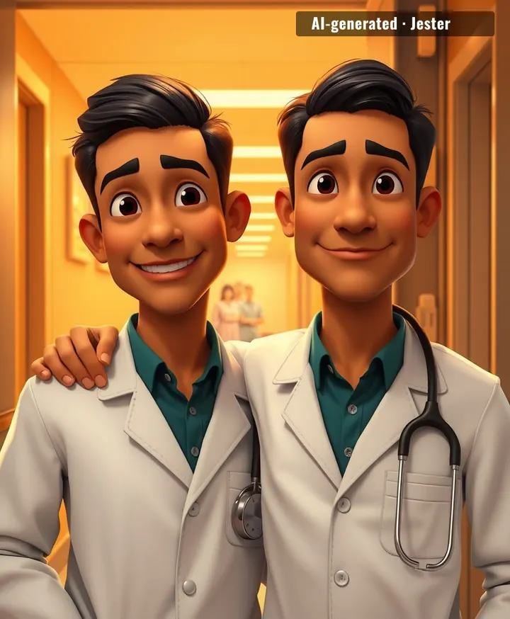 Twins who once shared a bedroom now share a waiting room — except this one has actual doctors in it.