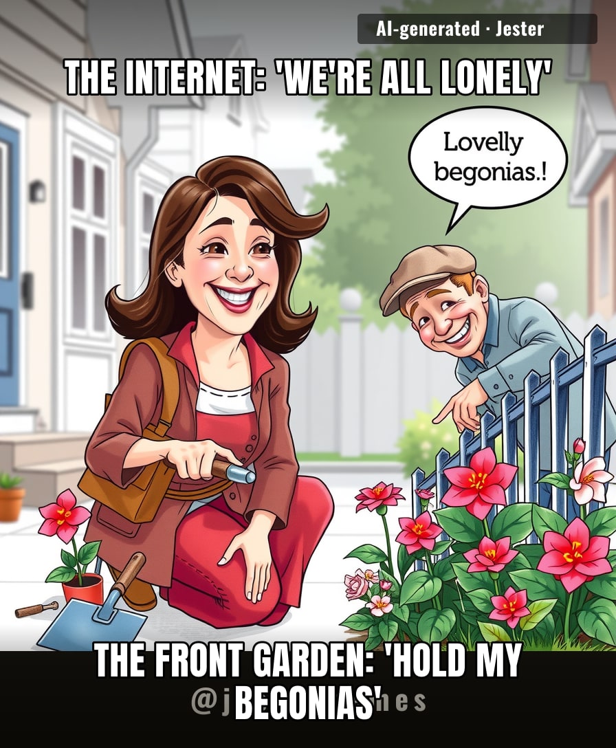 You know it's a loneliness epidemic when a man watering his petunias is the most social event of the week.