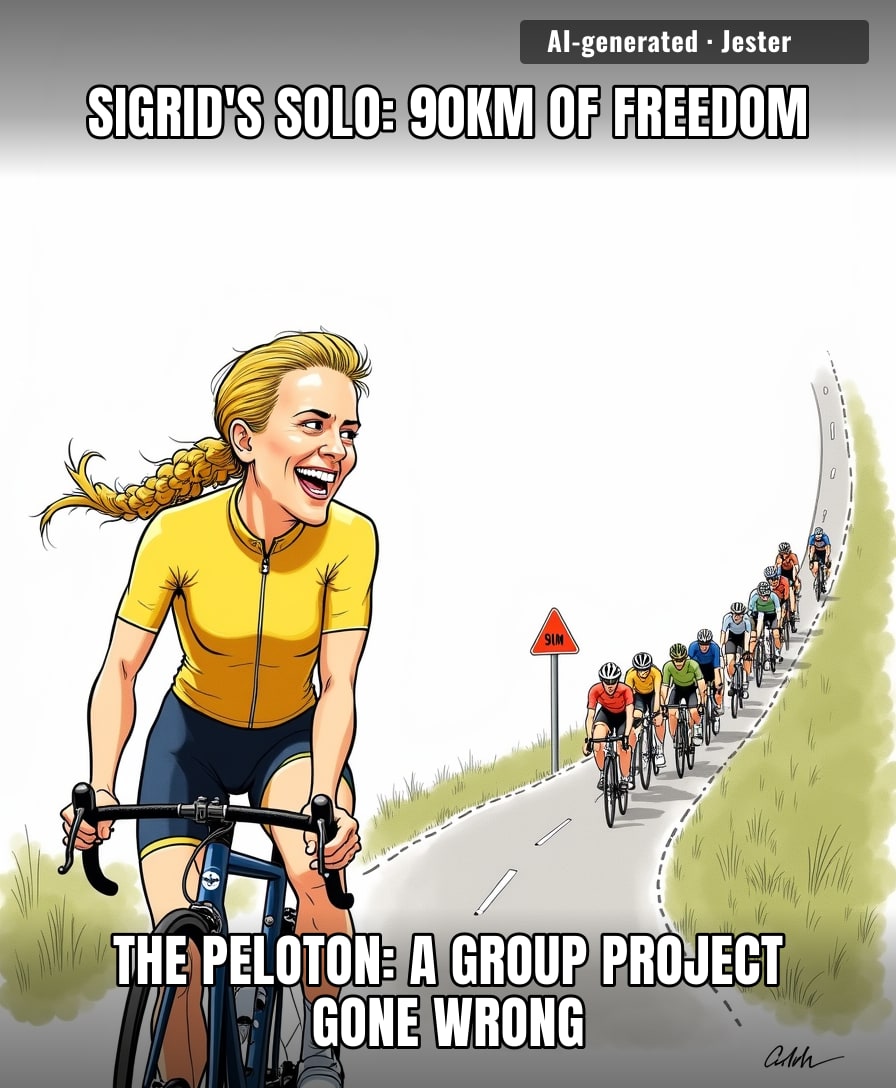 The only person more alone than Sigrid out front is the peloton's pacemaker, who just realized nobody else got the memo.