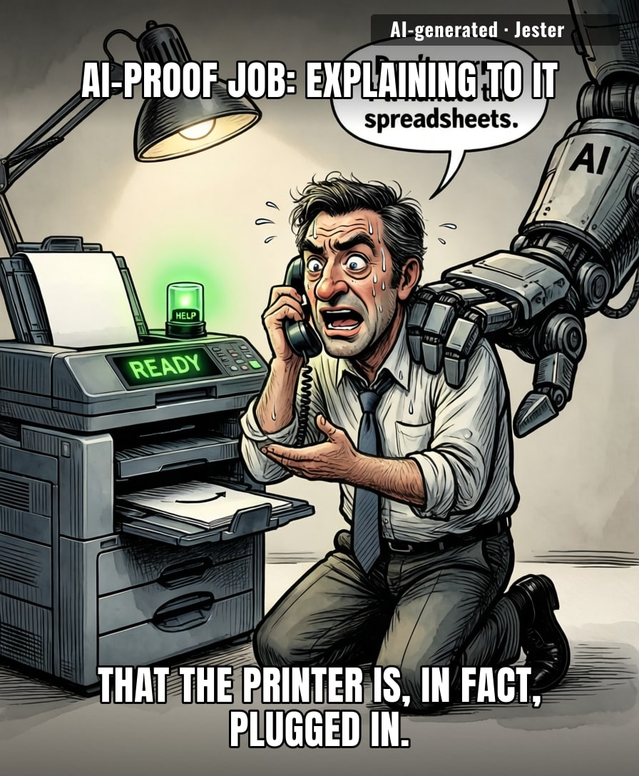 The real AI-resistant job is the one where you have to pretend you didn't see the IT guy's 'Have you tried turning it off and on again?' email.