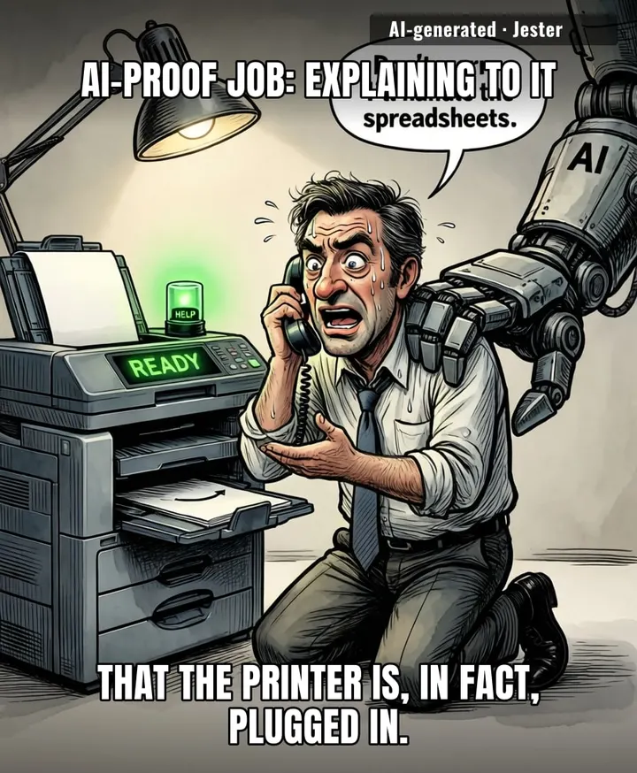 The real AI-resistant job is the one where you have to pretend you didn't see the IT guy's 'Have you tried turning it off and on again?' email.