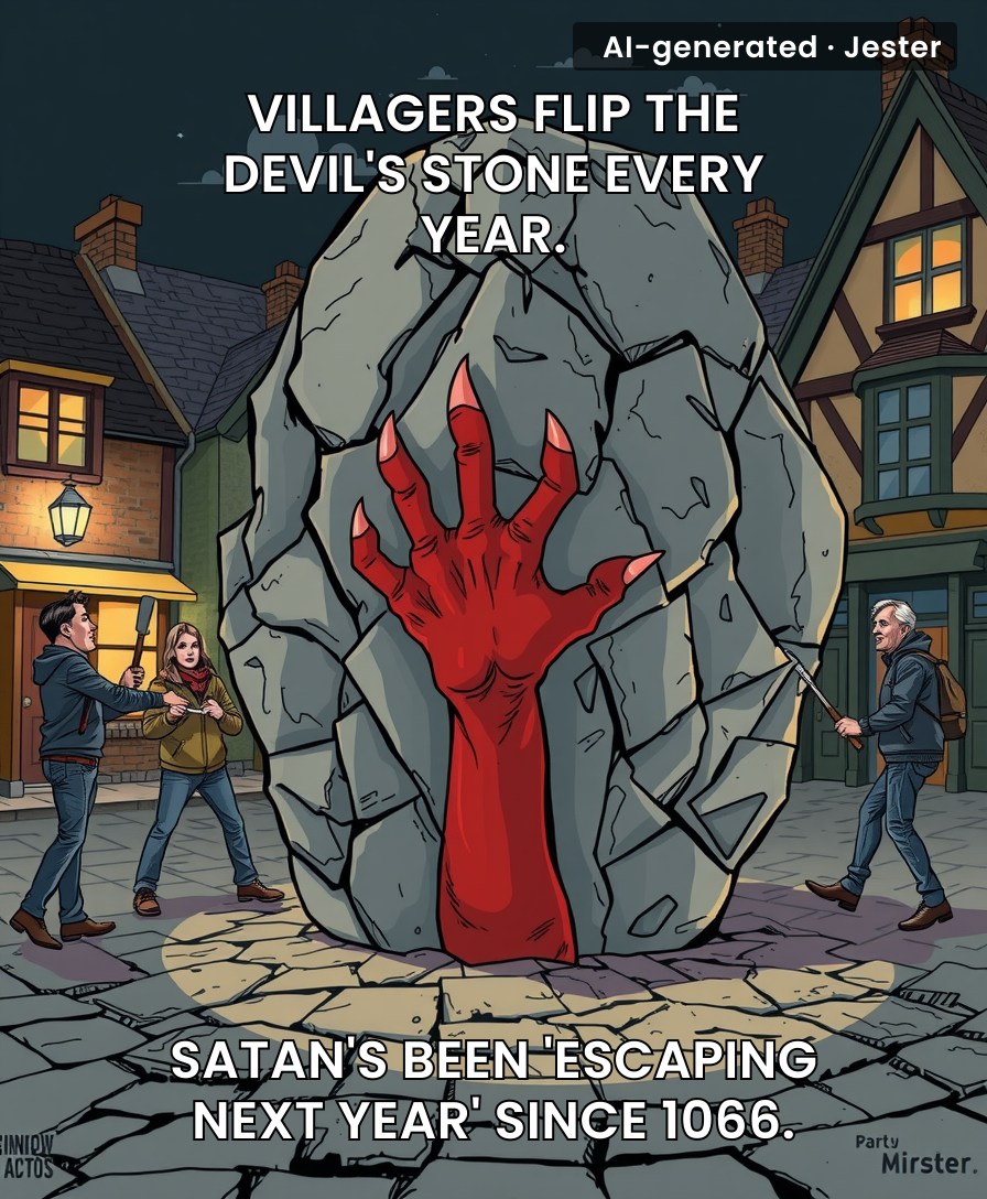 Shebbear's rock-flipping tradition: the only thing slower than the Devil's escape plan is a Windows update.