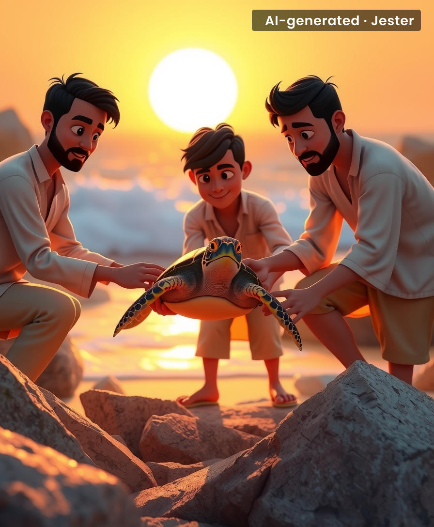 Crashing tides, jagged rocks, and a turtle in trouble — three everyday heroes waded in.