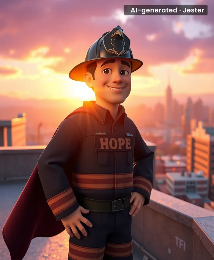 He didn't need a radioactive spider bite — just a fire helmet and a raven mask.