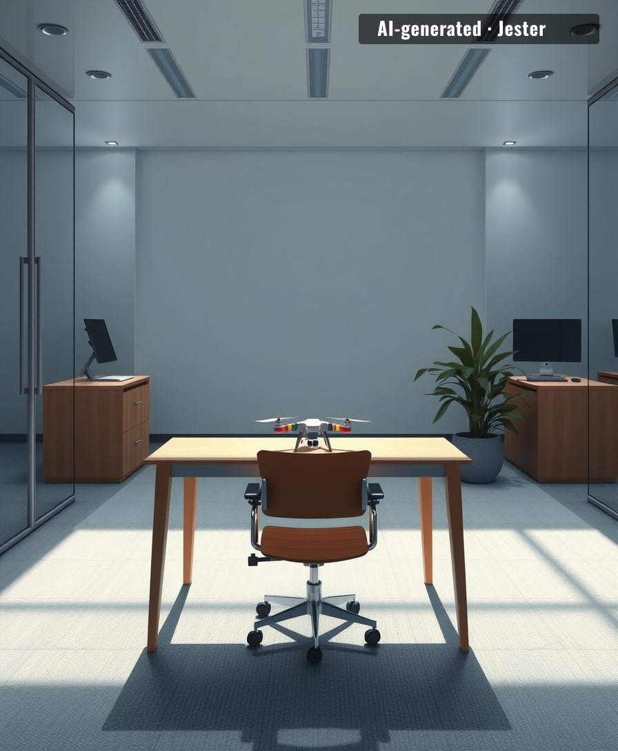 The only thing more fictional than their office is the drone delivery timeline.