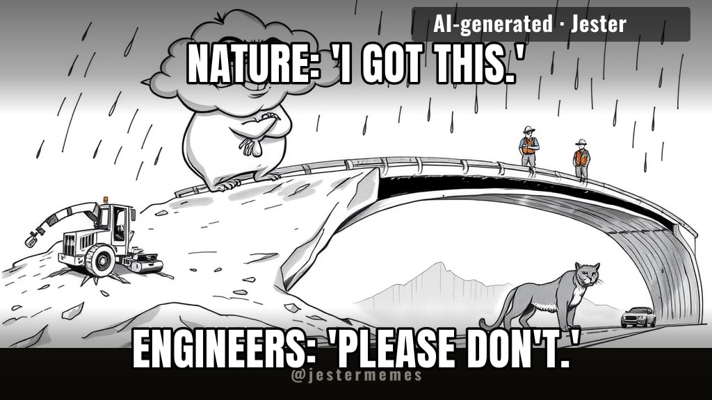 ten lanes of traffic, a bridge for the cats, and the one contractor they can't fire: weather