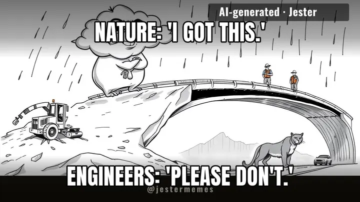 ten lanes of traffic, a bridge for the cats, and the one contractor they can't fire: weather