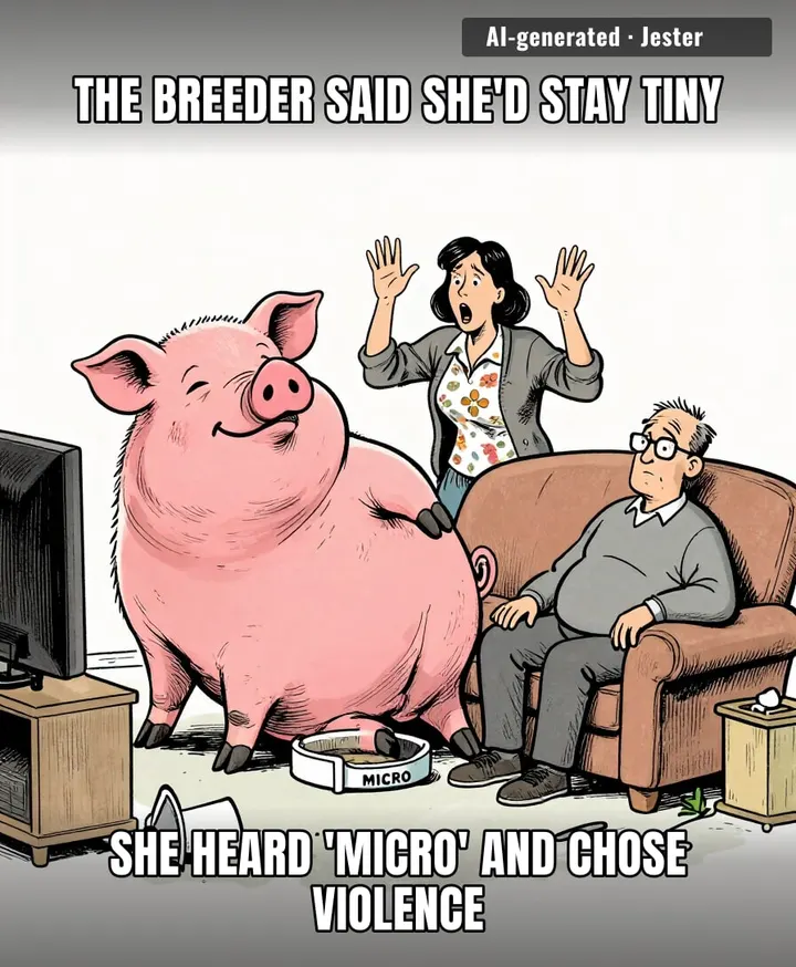 breeder's sales pitch: 'she's petite.' the pig: 'hold my slop.'