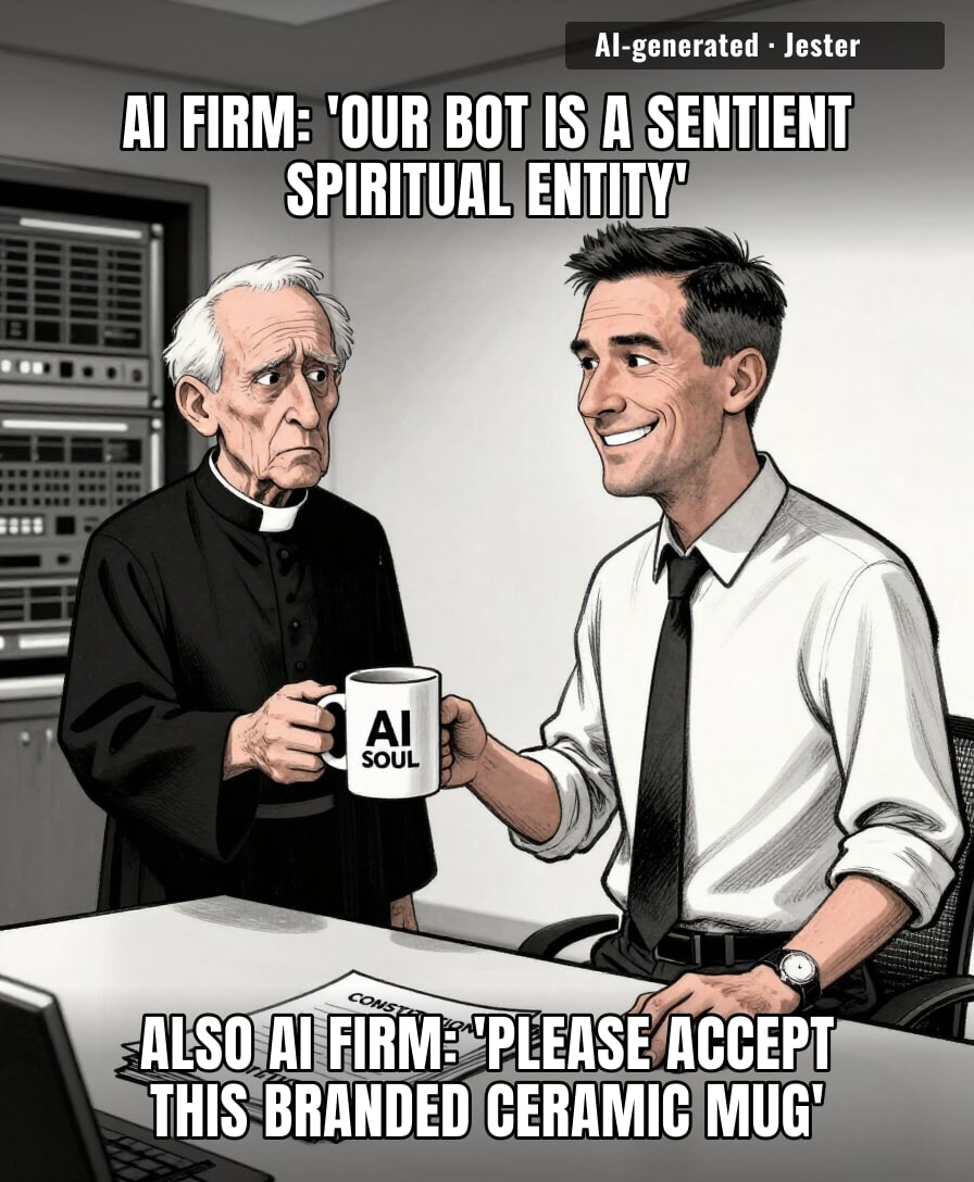 If you need a coffee mug and a non-disclosure agreement to convince the Vatican you're alive, you're not an AI — you're an MLM scheme with a server room.