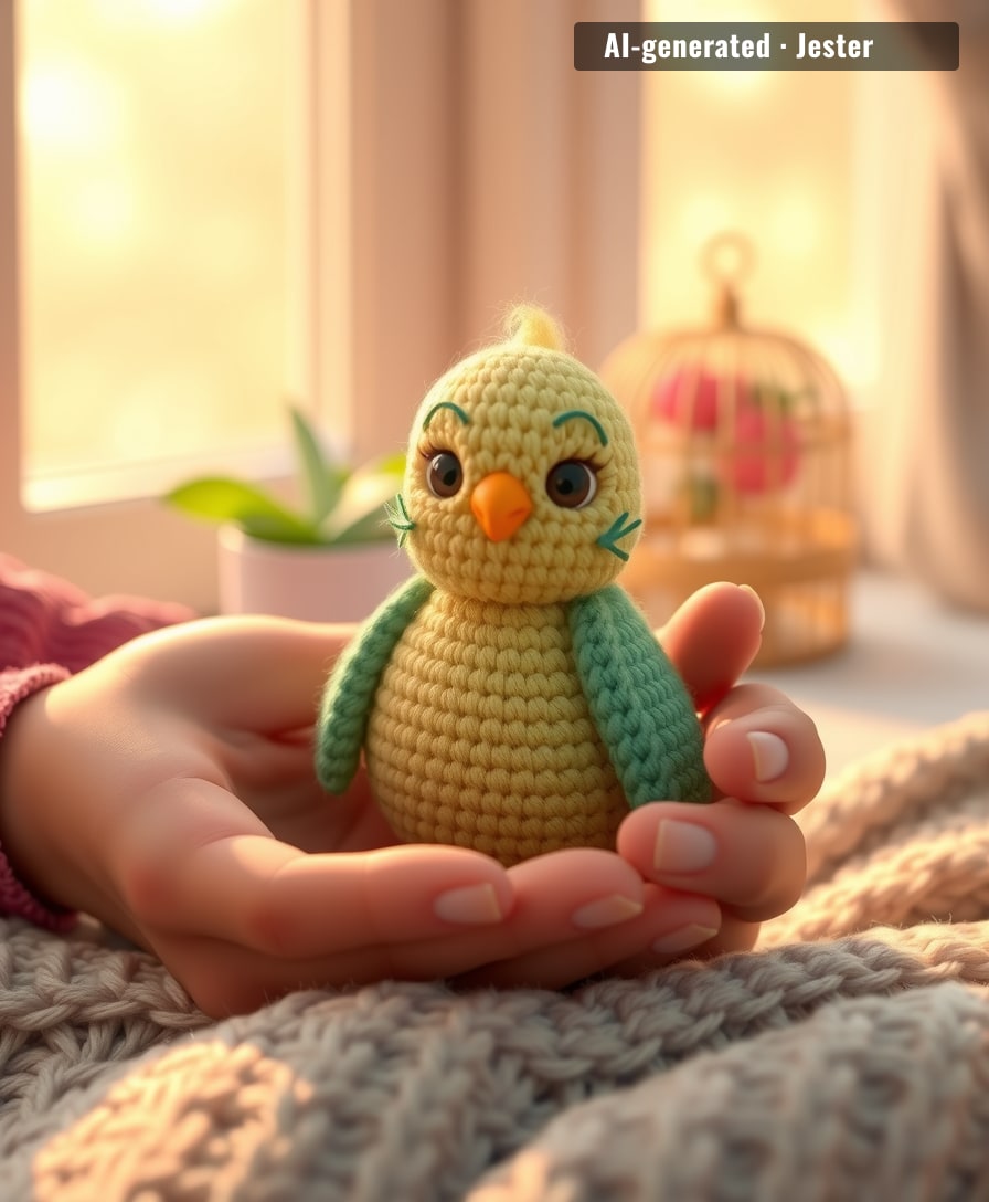 A tiny yarn budgie, now guarding a whole household from the shelf.