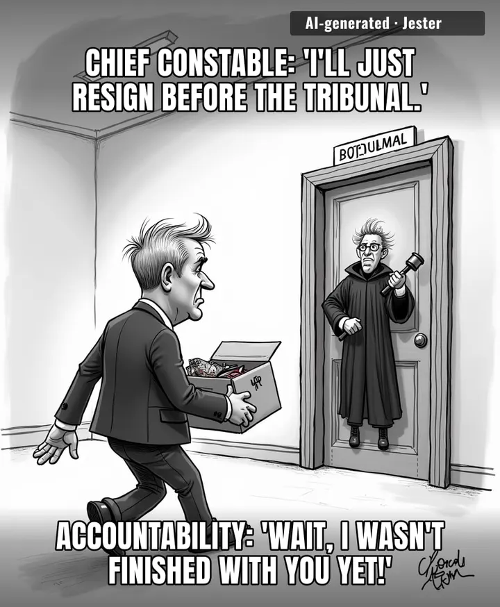 Resigning right before a misconduct hearing is the institutional version of deleting your browser history the second your mom walks into the room.