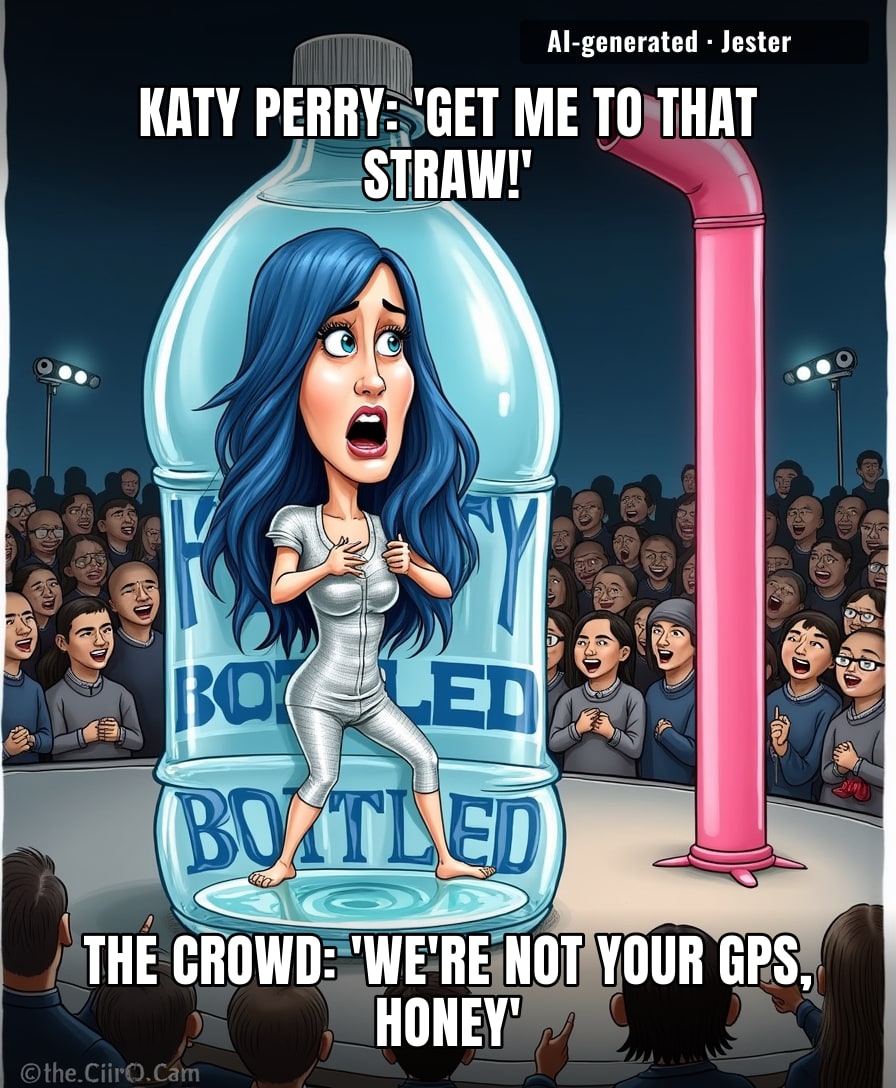 Katy Perry got trapped in an inflatable water bottle at her own show — reminding us that no amount of 'Roar' can save you when the fans decide you're a novelty float.