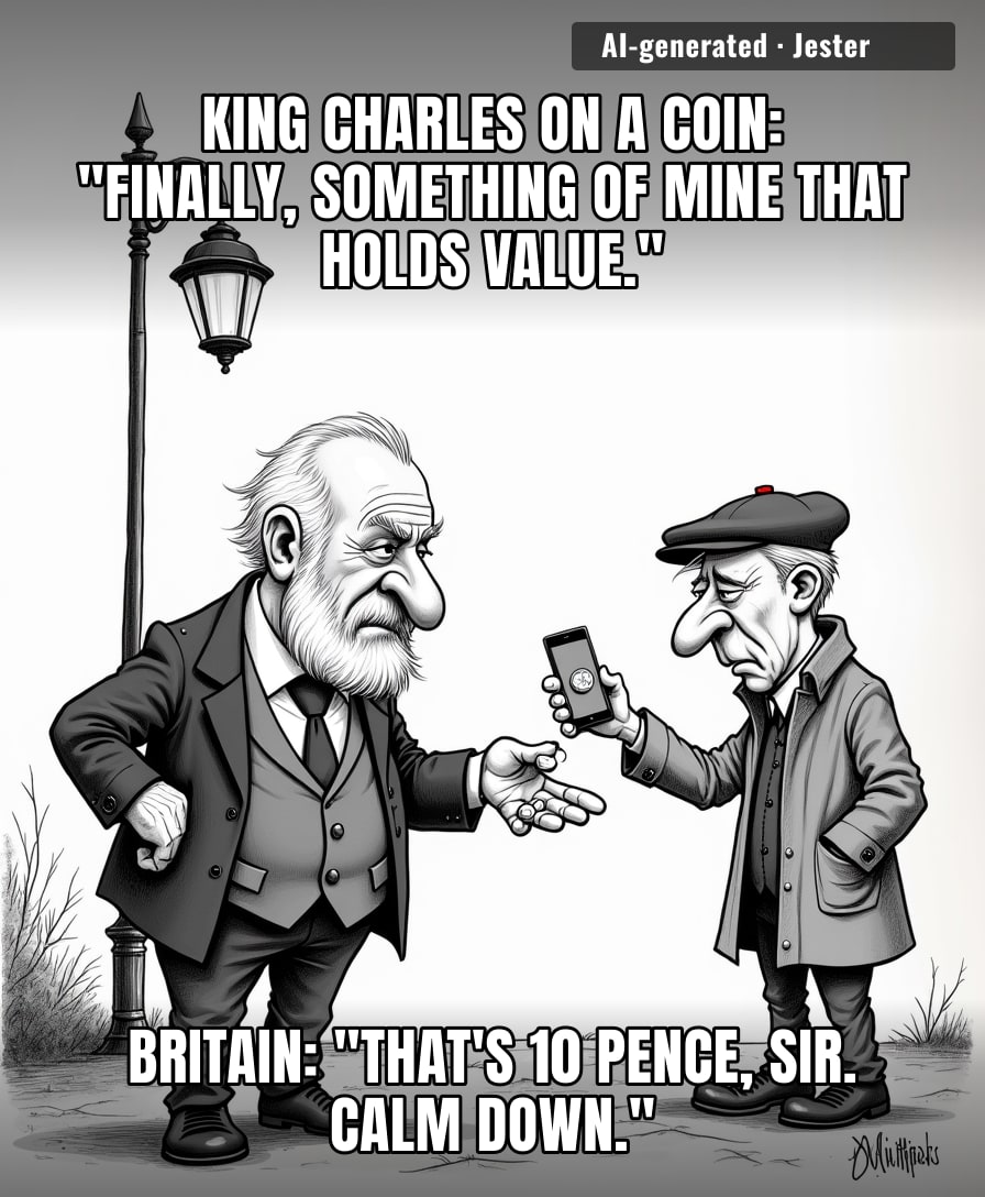 The only thing shrinking faster than the monarchy's relevance is the purchasing power of the coin he's on.