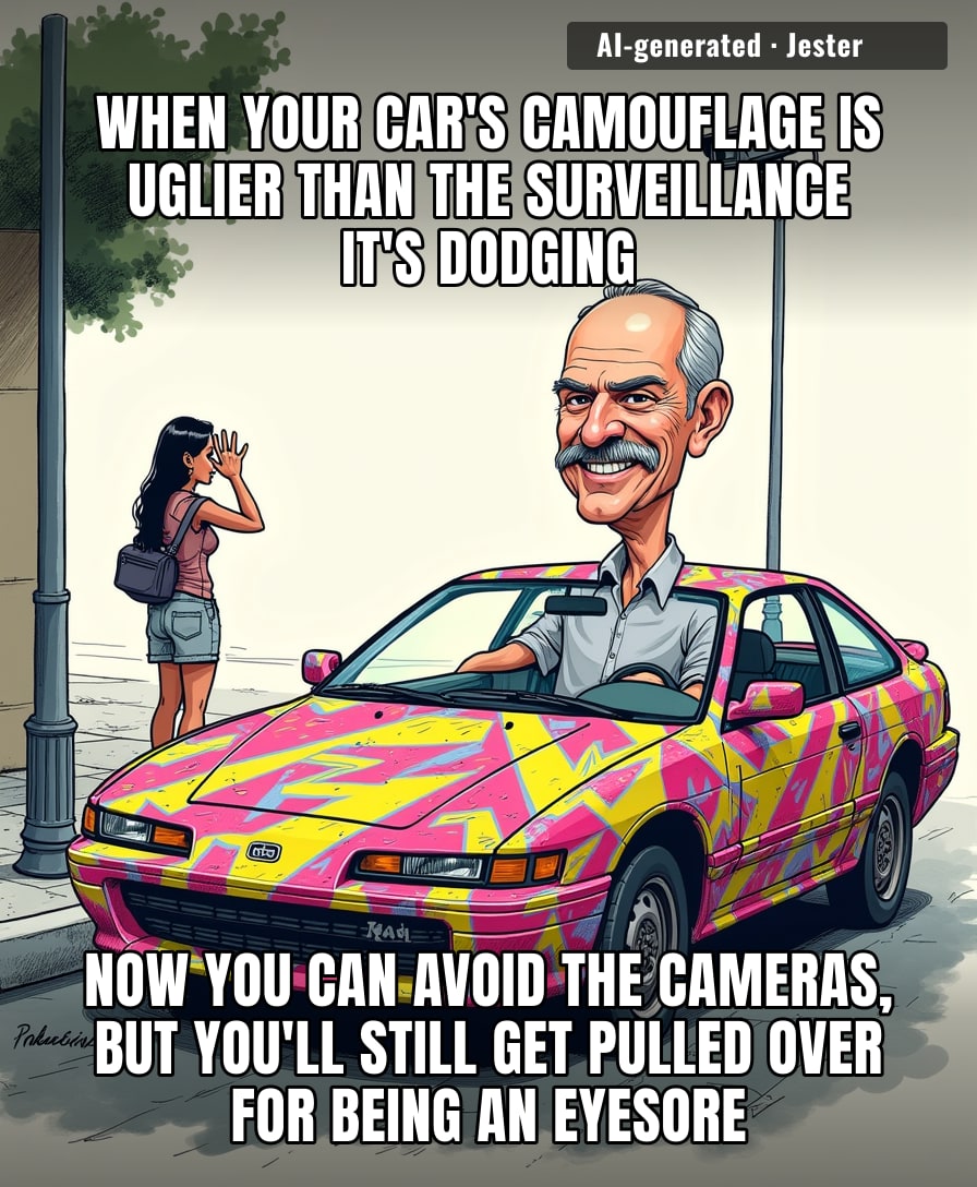 Sure, you've outsmarted the license plate readers, but at what cost? You're now driving a car that looks like it lost a fight with a 90s desktop screensaver.