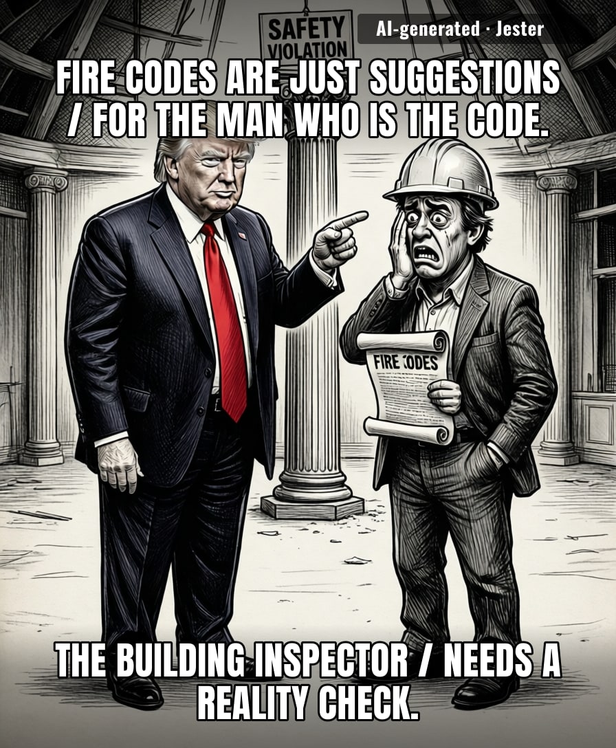 The only thing he builds better than a ballroom / is the lawsuit for when it burns down.