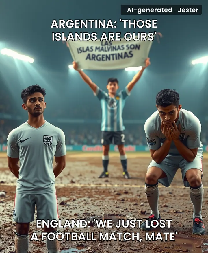 Argentina's banner after beating England is peak hyperbole; we've really entered the era where losing a game means annexing territory.
