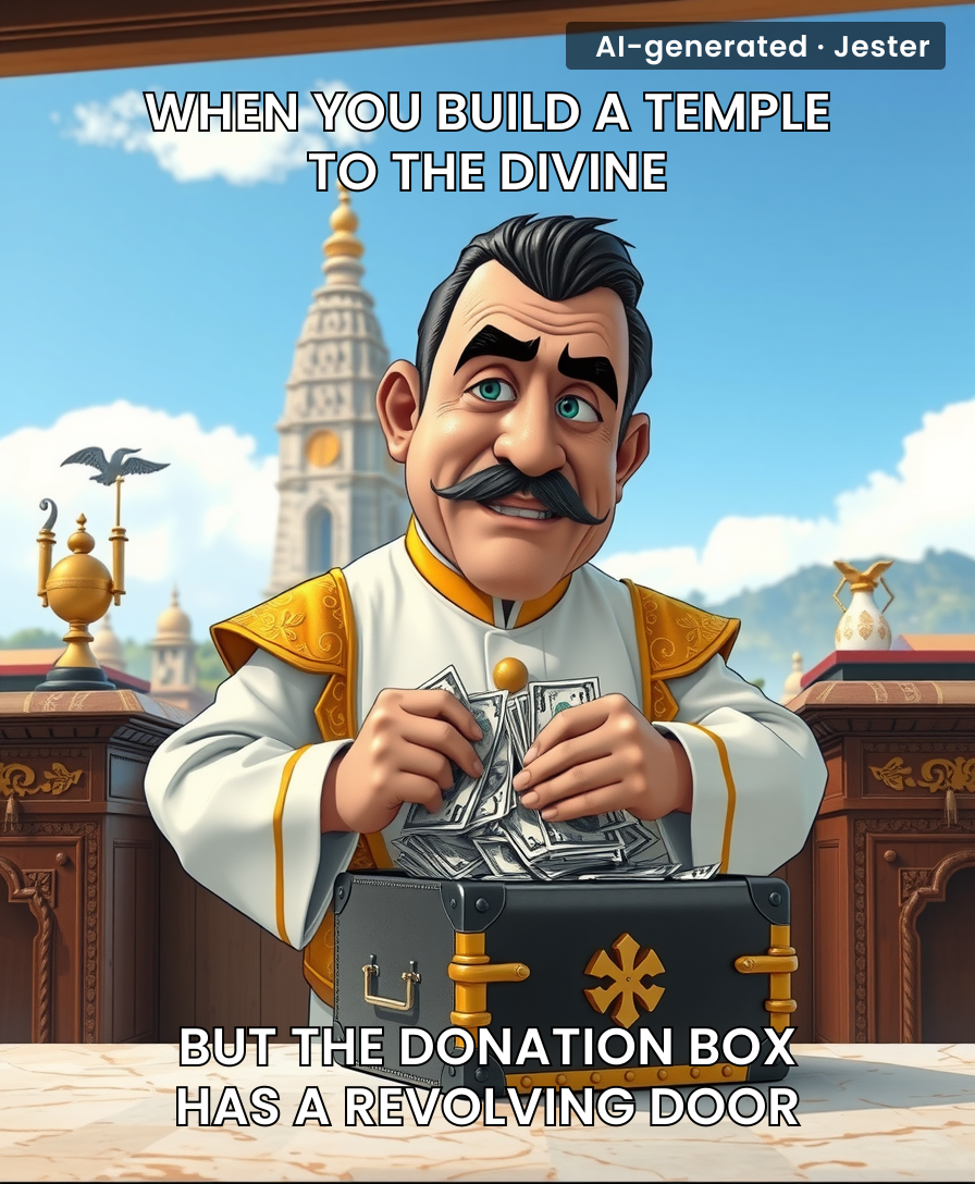 The irony of praying for salvation while the guys managing the till are busy working on their offshore exit strategy is just peak performance art.