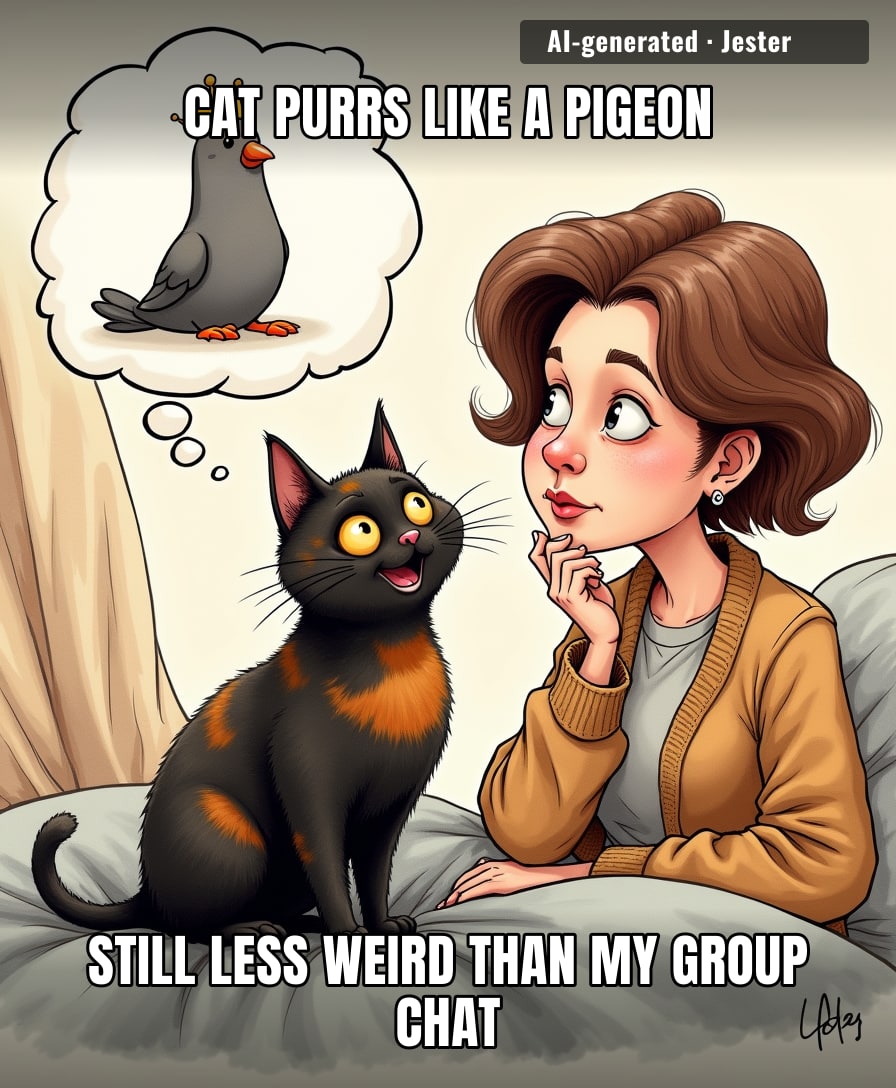 Pistachio Pudding's been doing a pigeon impression for 12 years and no one's told her it's not a cat thing — commitment issues? Never heard of her.